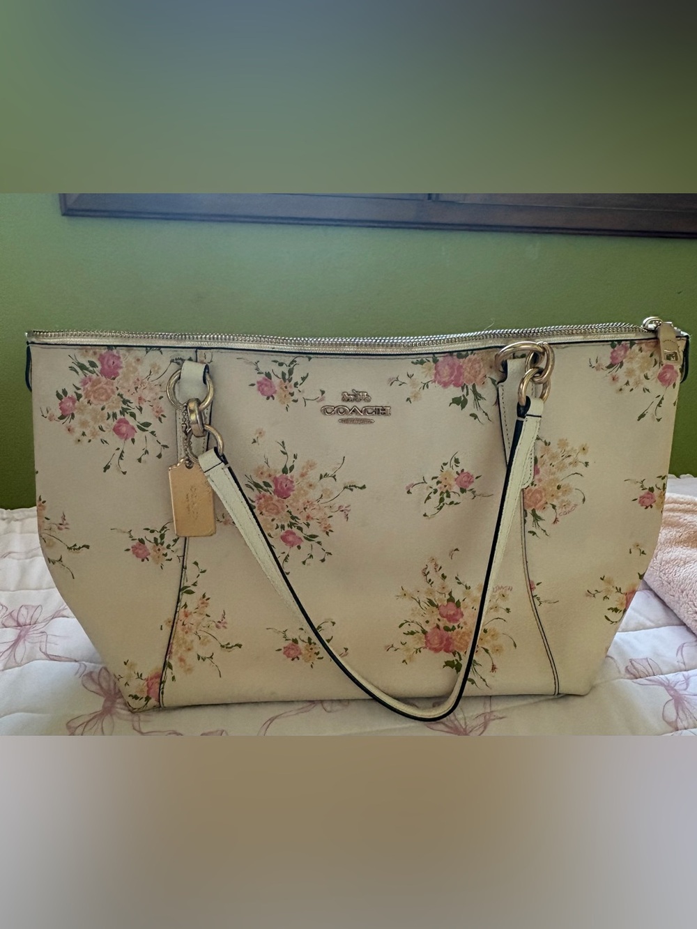 Coach Cream Floral Print Tote with Pink Accents